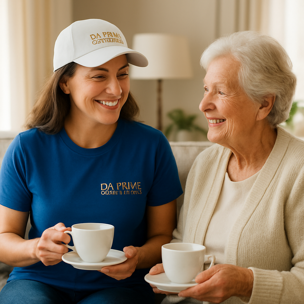 DA Prime companion in branded blue t-shirt and white cap sharing tea with an elderly client