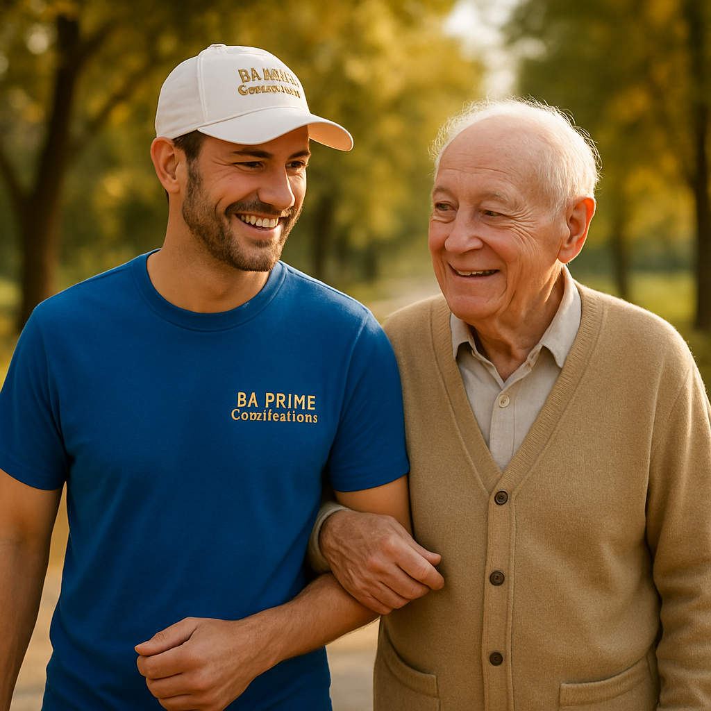 DA Prime companion escorting an elderly gentleman on a walk outdoors
