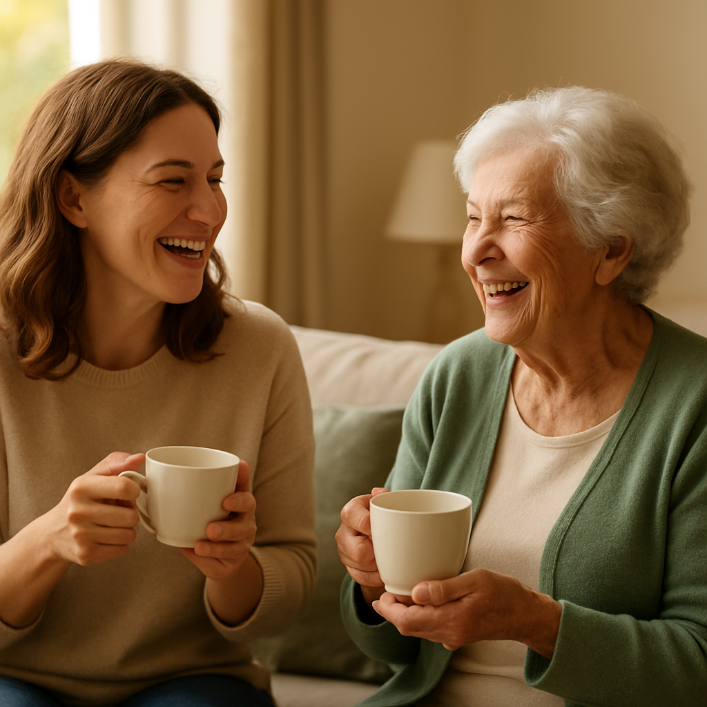 A companion sharing tea and conversation with a smiling elderly woman in a sunlit living room